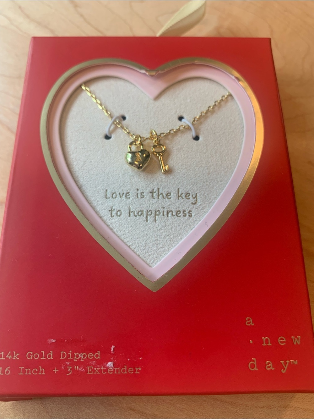 A new day 14k gold dipped heart lock and key 16” necklace with 3” extension
